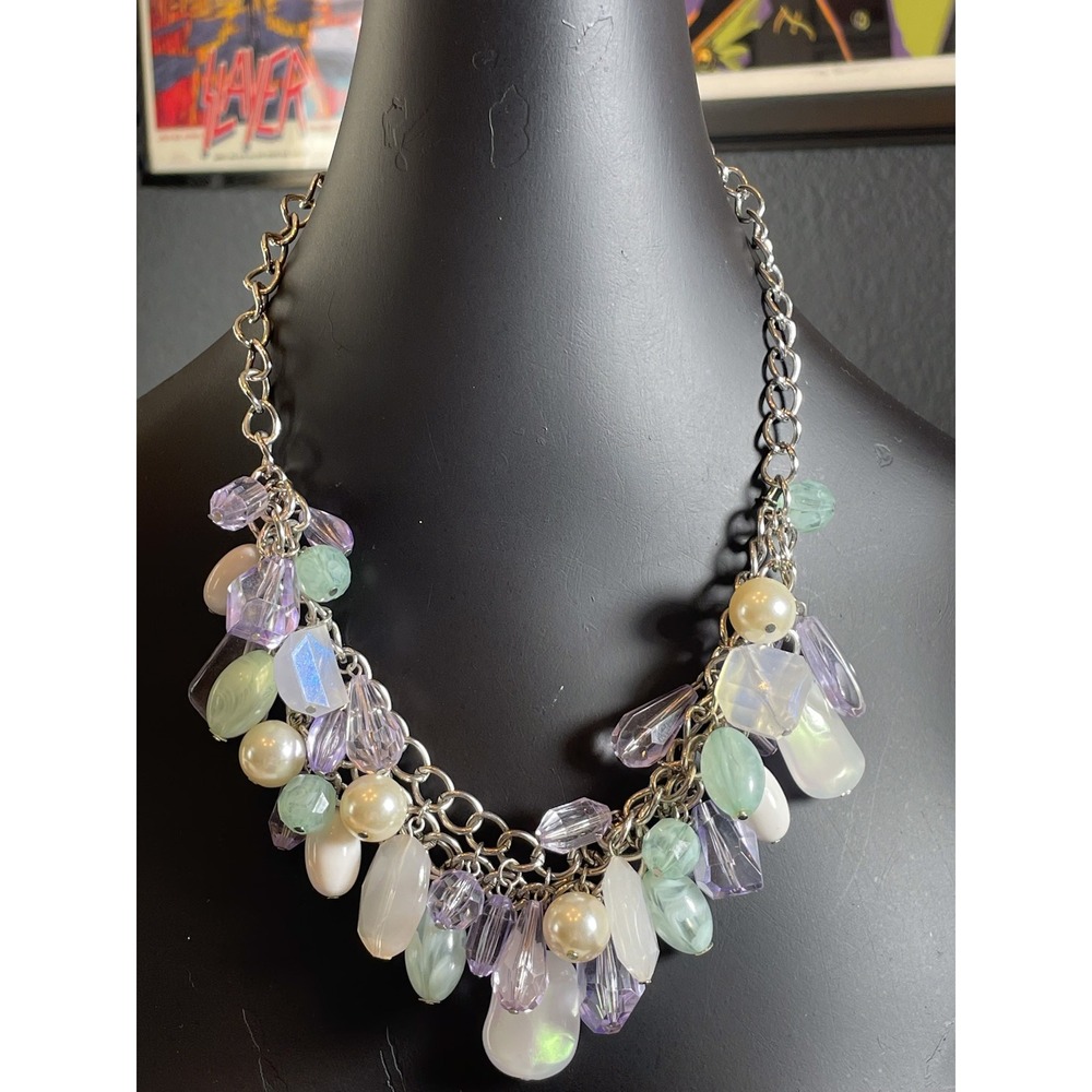 Pastel Beaded Statement Necklace Silver Chain Bib Seaglass Mermaid Y2K Chunky - Picture 9 of 10